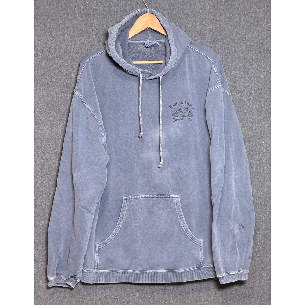Authentic Pigment Kodiak Island Brewing Co Alaska Hoodie Blue Mens Large Faded